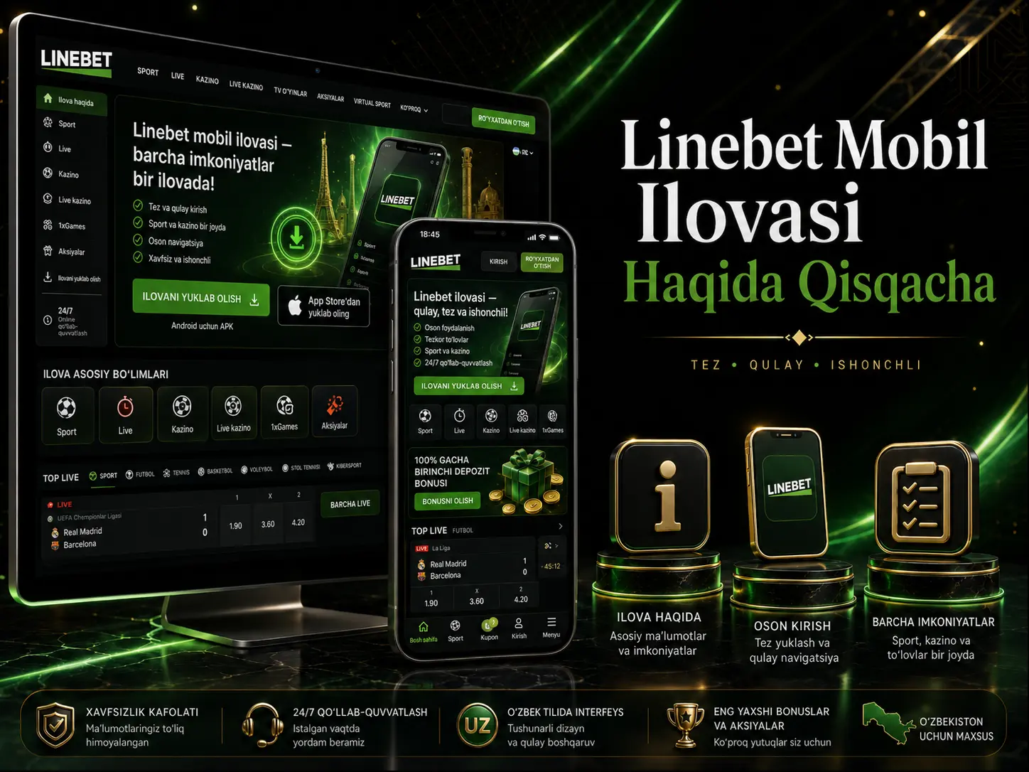 Linebet mobil ilovasi bo‘limlari